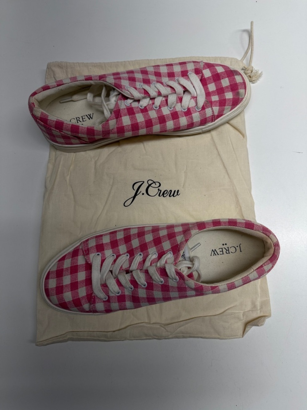 J Crew Road Trip Sneakers Shoes Lace Up Gingham Plaid Canvas Pink White Size 10